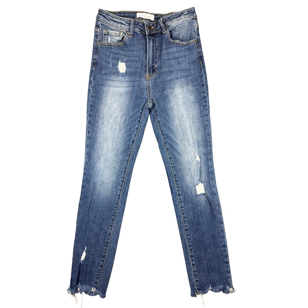 Risen Jeans Womens High Rise Distressed Skinny Jeans Medium Wash Raw Hem RDP1425
